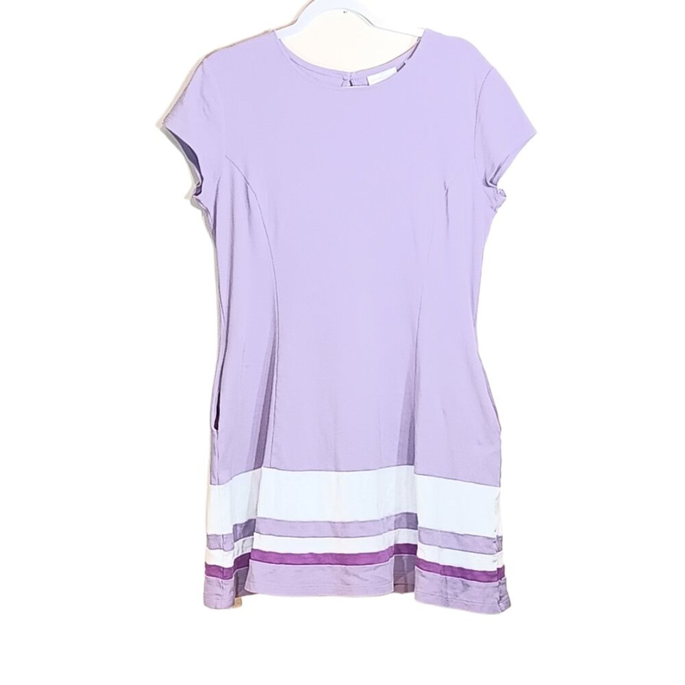 New York & Company Fit & Flare Dress Large Lavender Pockets Short Sleeve Midi